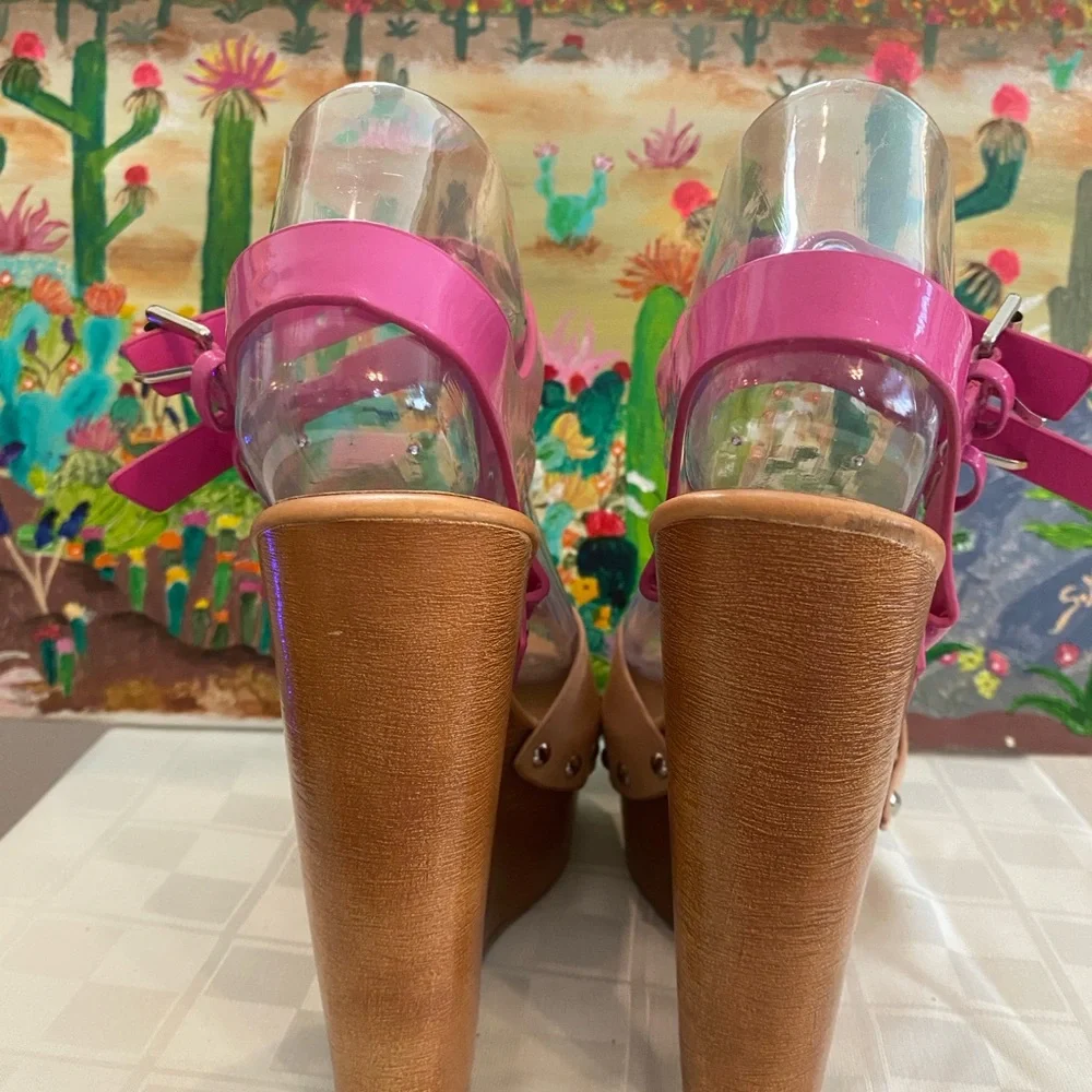 Chinese Laundry, Jungle Gym, Leather Platform Wedge Sandals, Pink/Tan, W Size 7 - Picture 6 of 16